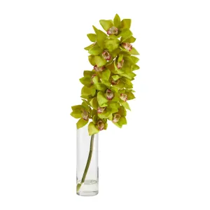 28” Cymbidium Orchid Artificial Arrangement in Glass Vase