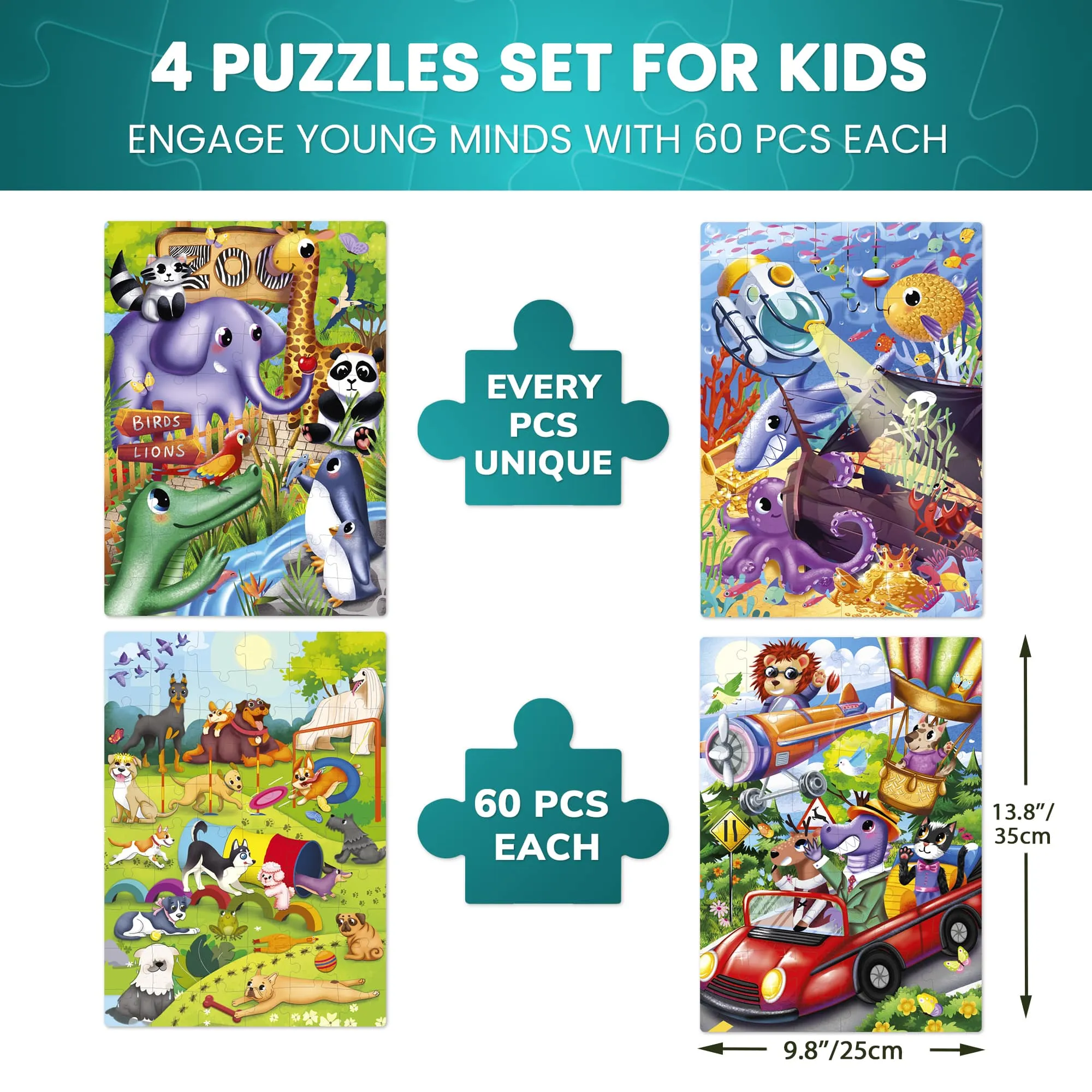 4x60 Set Puzzles for Kids | Animals, Dogs, Zoo