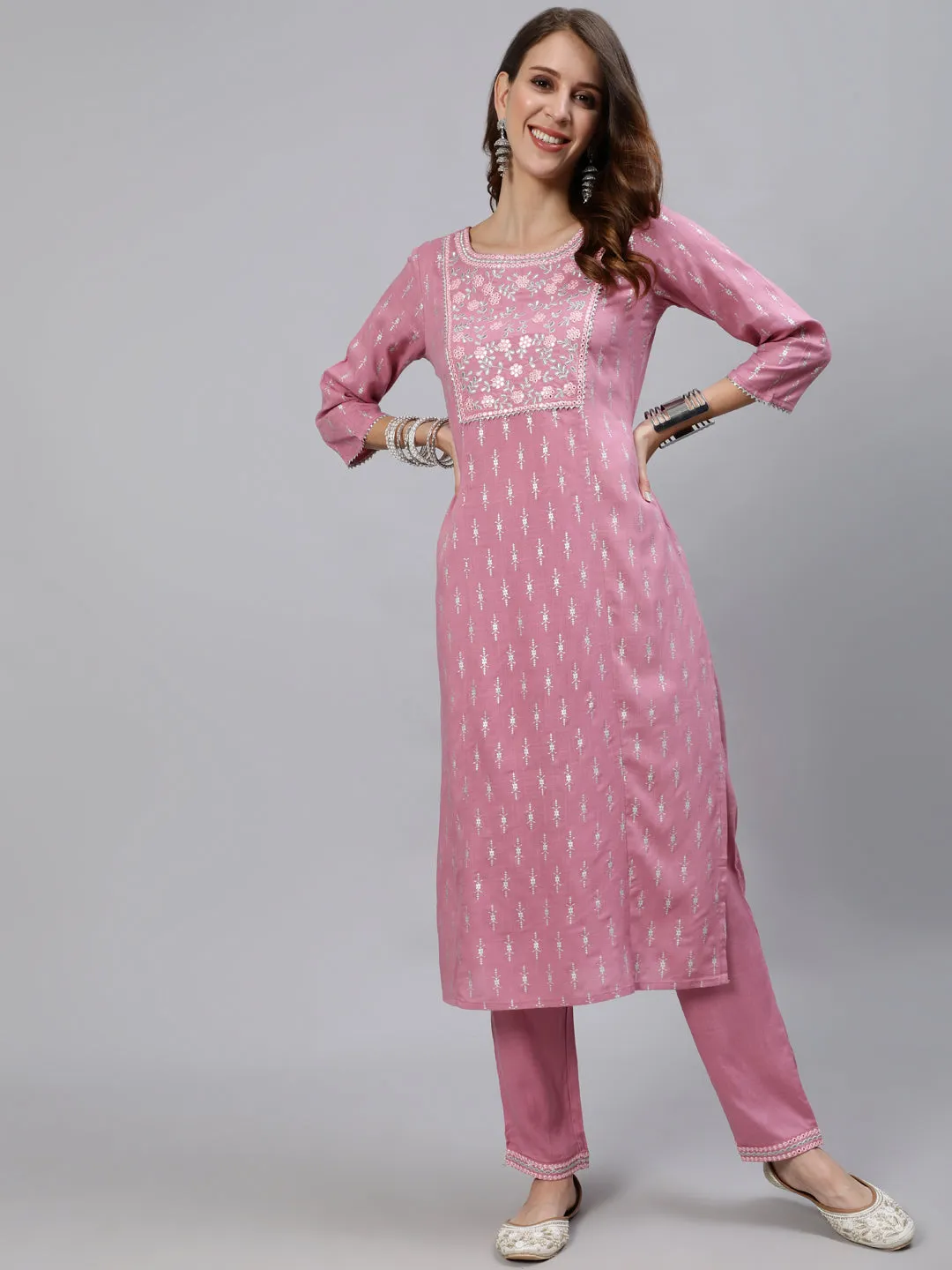 Anubhutee Women Mauve Ethnic Motifs Yoke Design Regular Mirror Work Kurta with Trousers