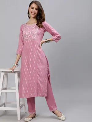 Anubhutee Women Mauve Ethnic Motifs Yoke Design Regular Mirror Work Kurta with Trousers