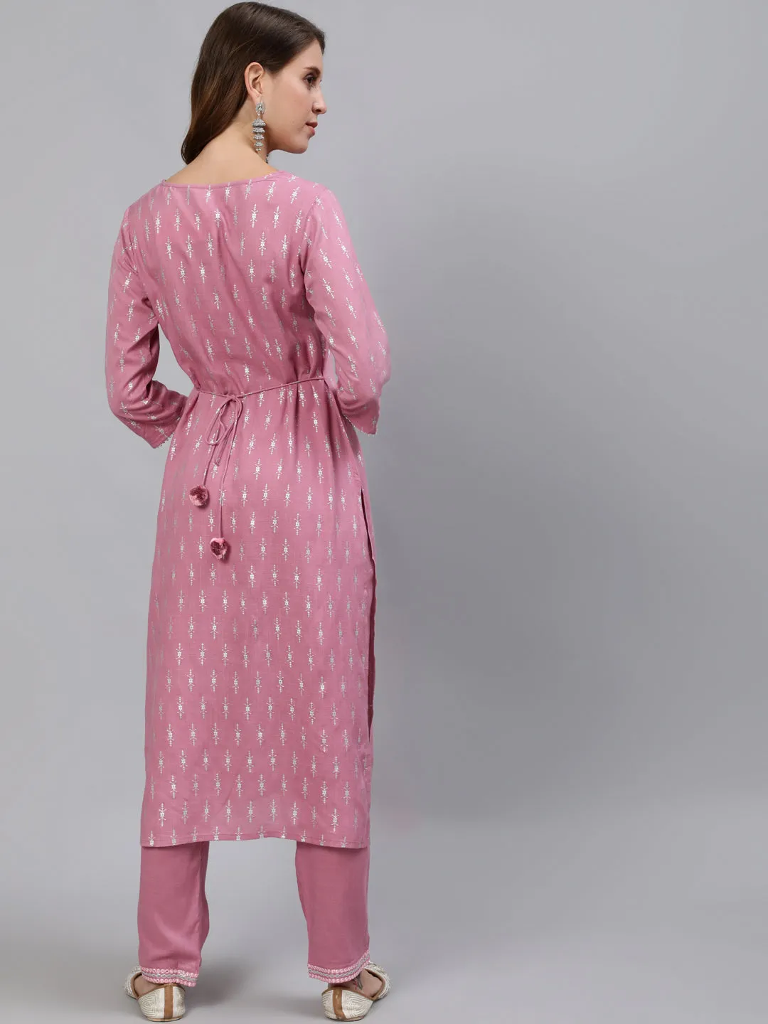 Anubhutee Women Mauve Ethnic Motifs Yoke Design Regular Mirror Work Kurta with Trousers