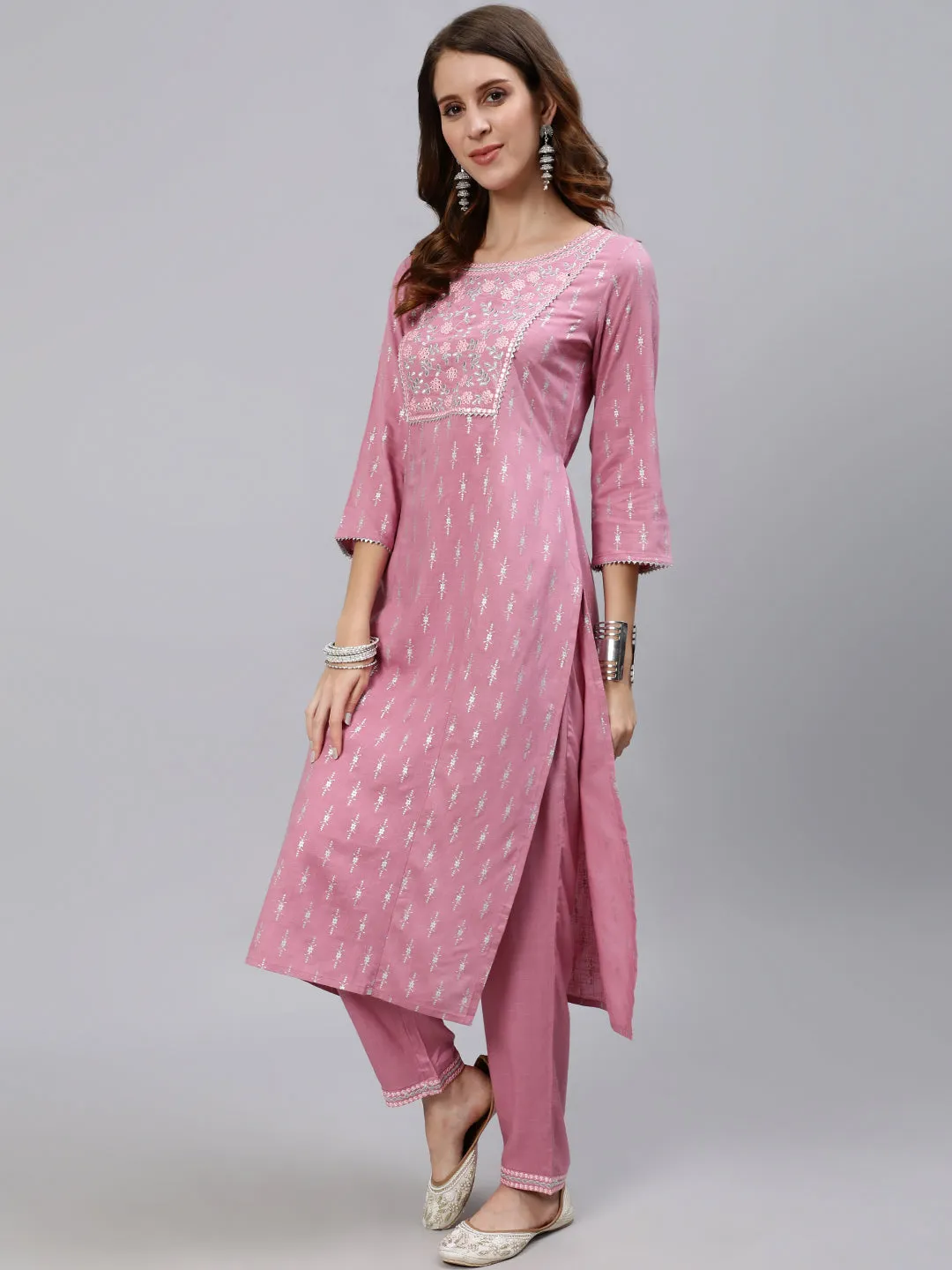 Anubhutee Women Mauve Ethnic Motifs Yoke Design Regular Mirror Work Kurta with Trousers