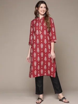 Anubhutee Women's Maroon Cotton Kantha Kurta Set with Trousers