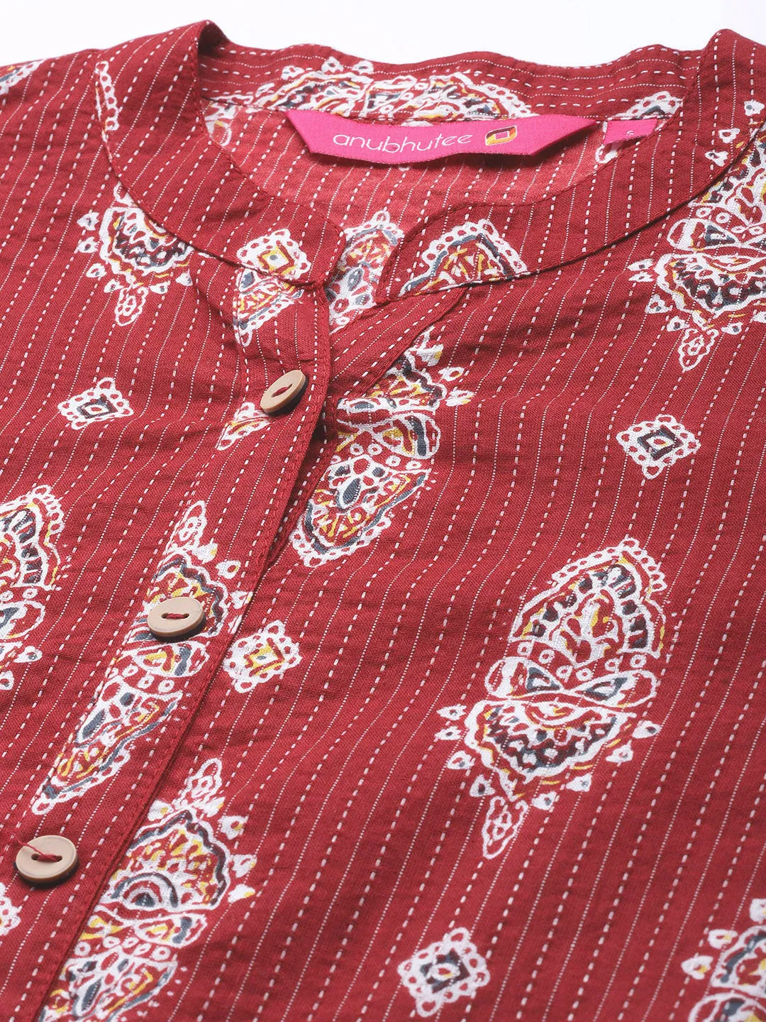 Anubhutee Women's Maroon Cotton Kantha Kurta Set with Trousers