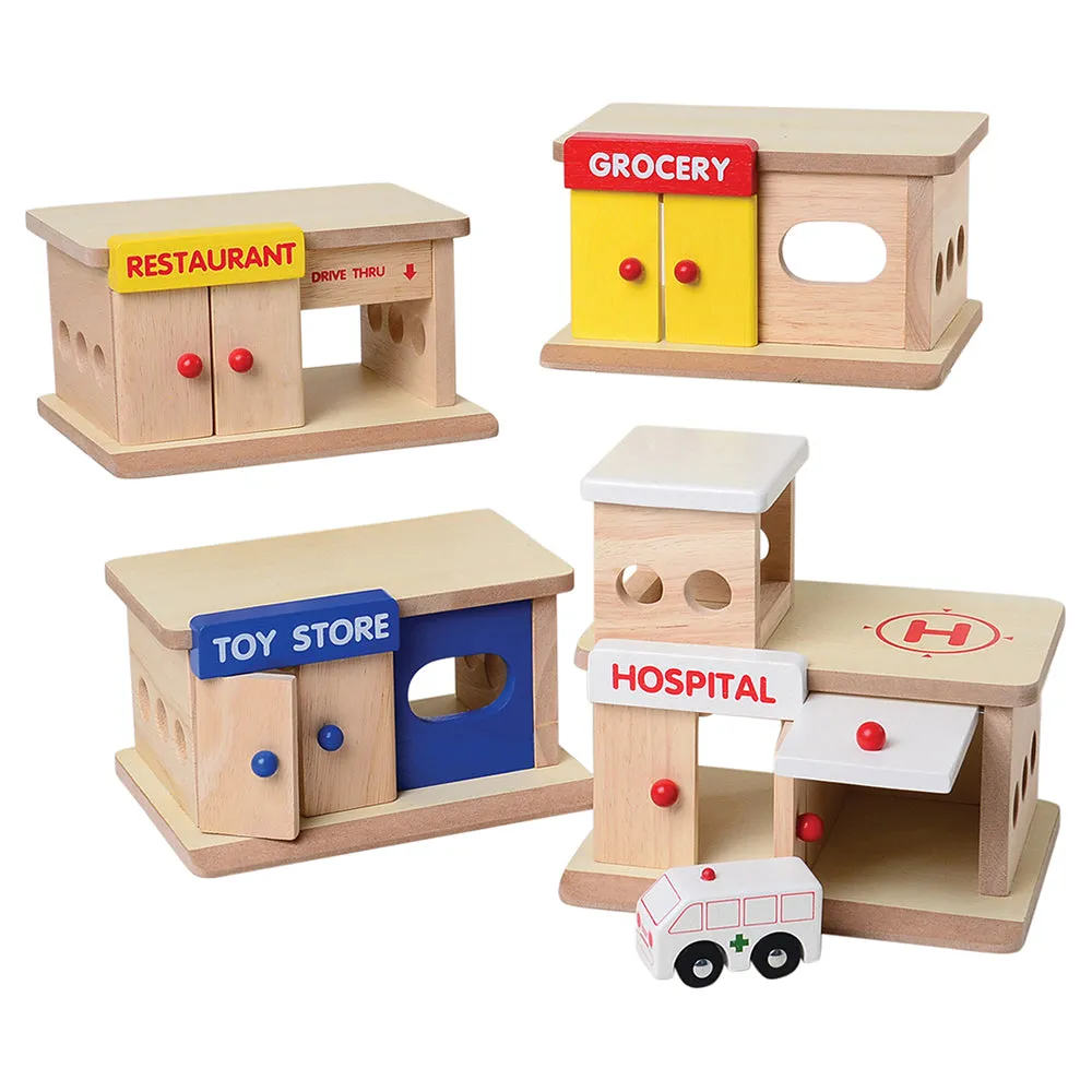 Block Play Community Set with Hospital, Grocery Store, Restaurant & Toy Store