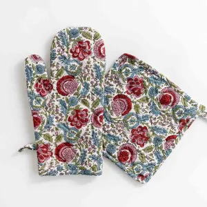 Bohemian Floral Turquoise & Cranberry Oven Mitt Set