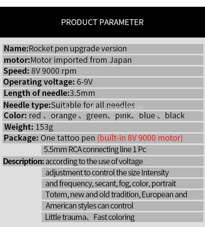 Cartridge Rocket  V1 Pen Rotary Tattoo Machine Kits RCA  Connection Shader Liner 6 Colors Assorted Tattoo Equpment