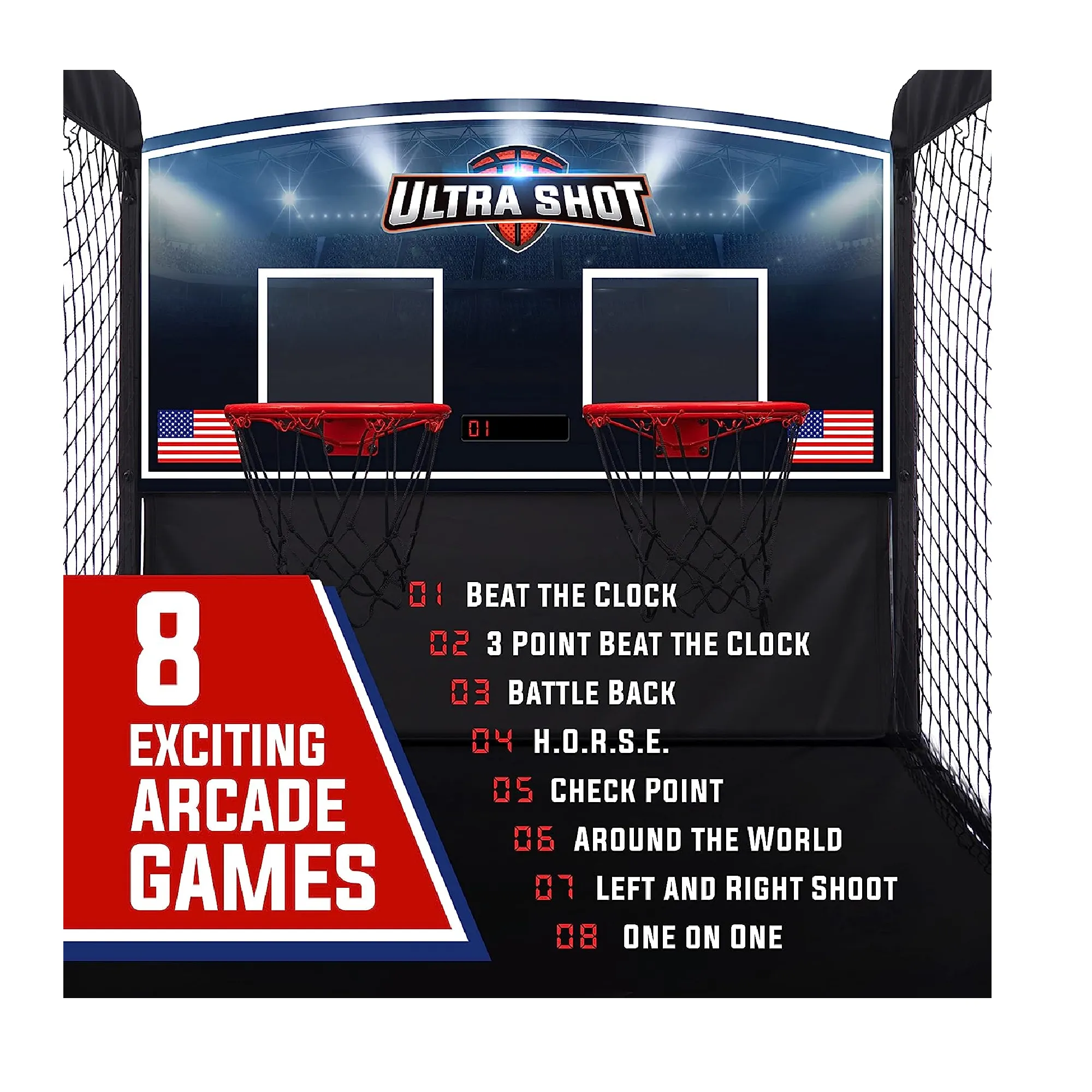 CINCINNATI GAMES Ultra Basketball Game Basketball Arcade Game Indoor with LED Electronic Scorer and Timer 8 Individual Games with Sound Effects