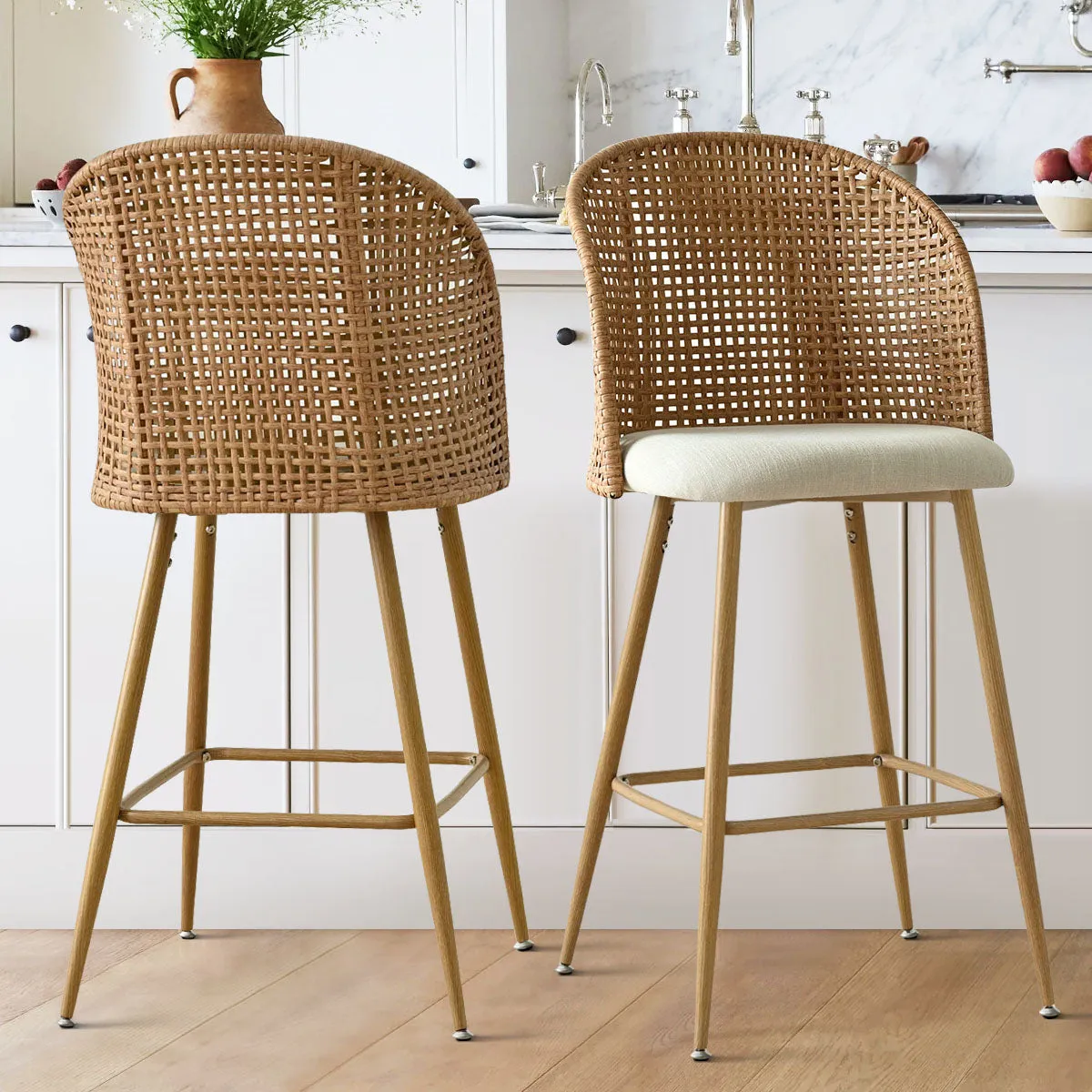 Grasse 29" Beige Rattan Upholstered Bar Stool (Set of 2)