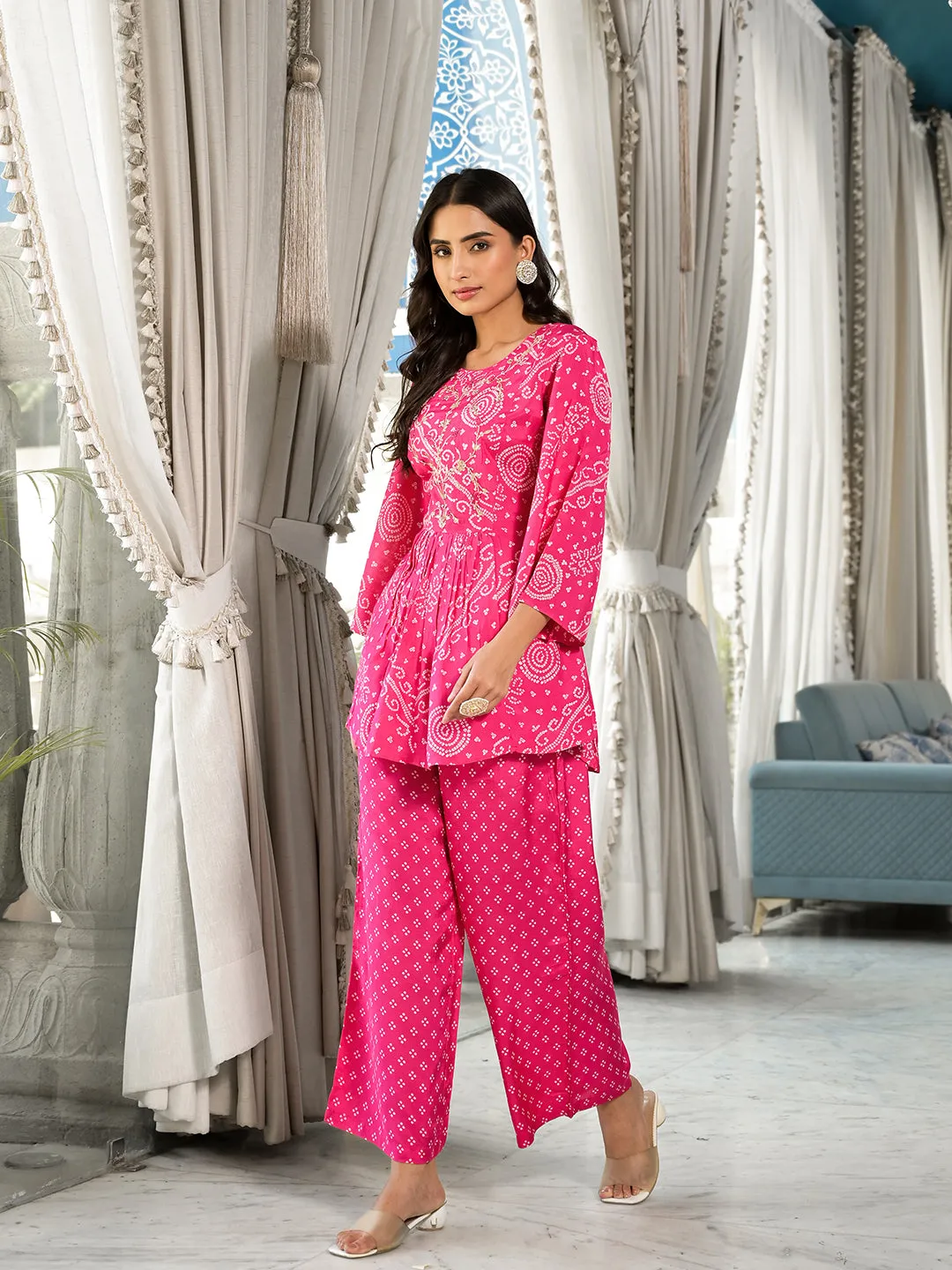 Jashvi Pink Digital Print Gota Work Pure Muslin Co-ord Set