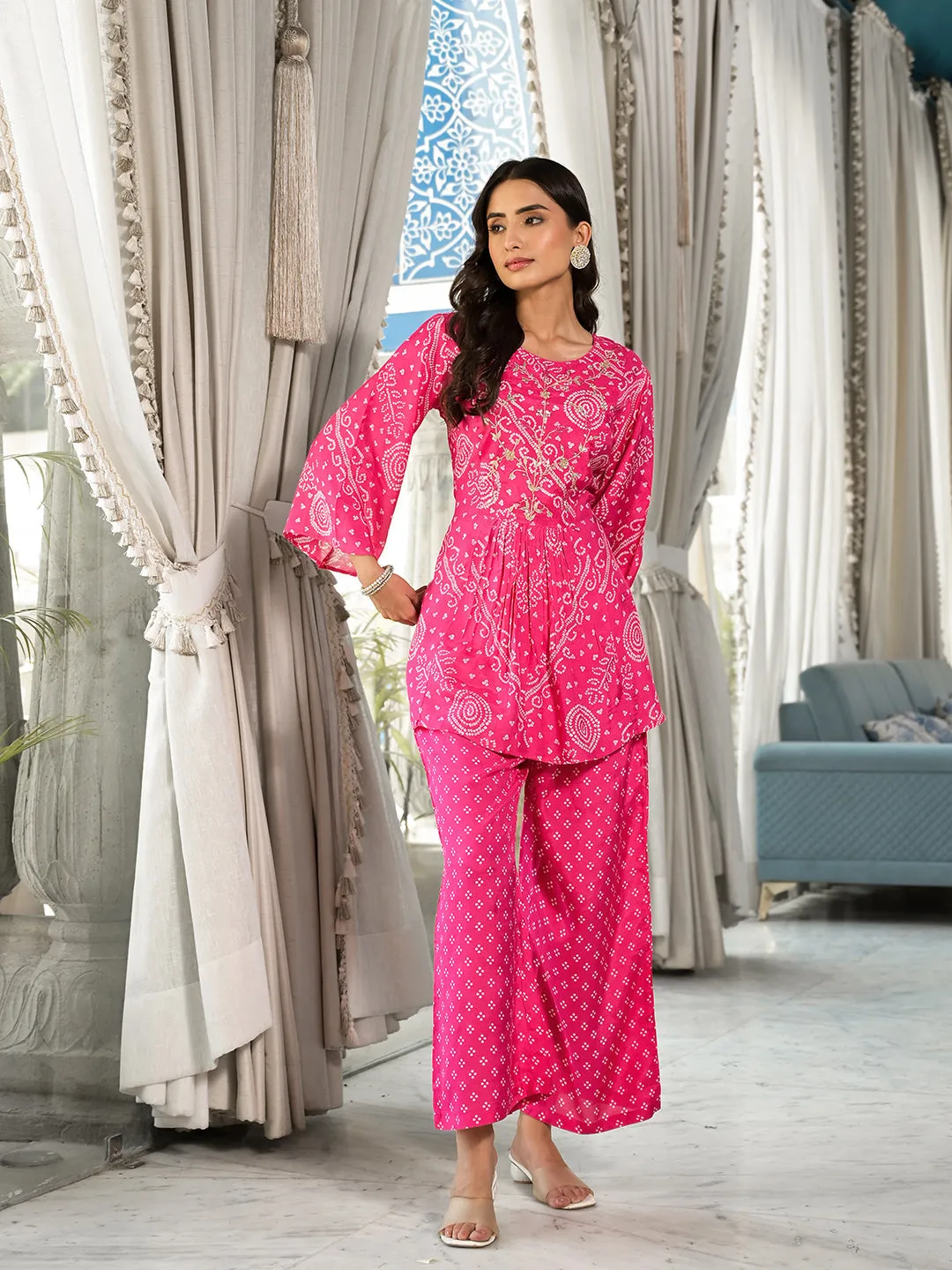 Jashvi Pink Digital Print Gota Work Pure Muslin Co-ord Set