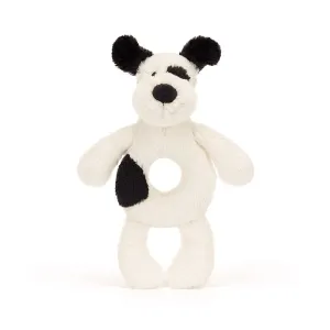 Jellycat bashful black & cream puppy ring rattle