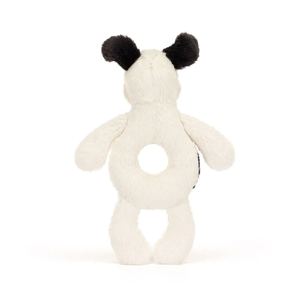 Jellycat bashful black & cream puppy ring rattle