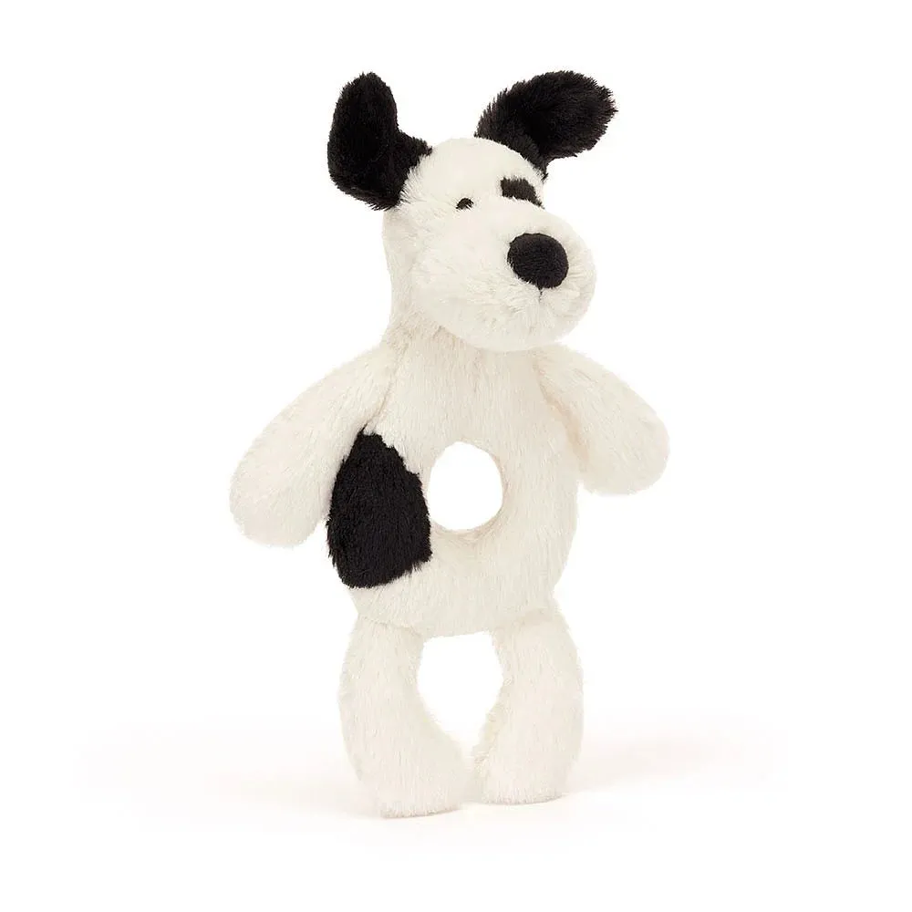 Jellycat bashful black & cream puppy ring rattle