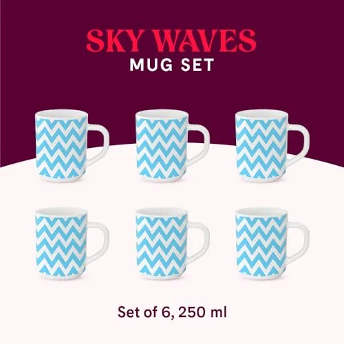 Larah by Borosil Sky Waves Opalware Mug, Set of 6 Tea/Coffee Mugs, 240 ml Each, Microwave & Dishwasher Safe, Bone-Ash Free, Crockery Set Ideal for Daily Use & Gifting, White