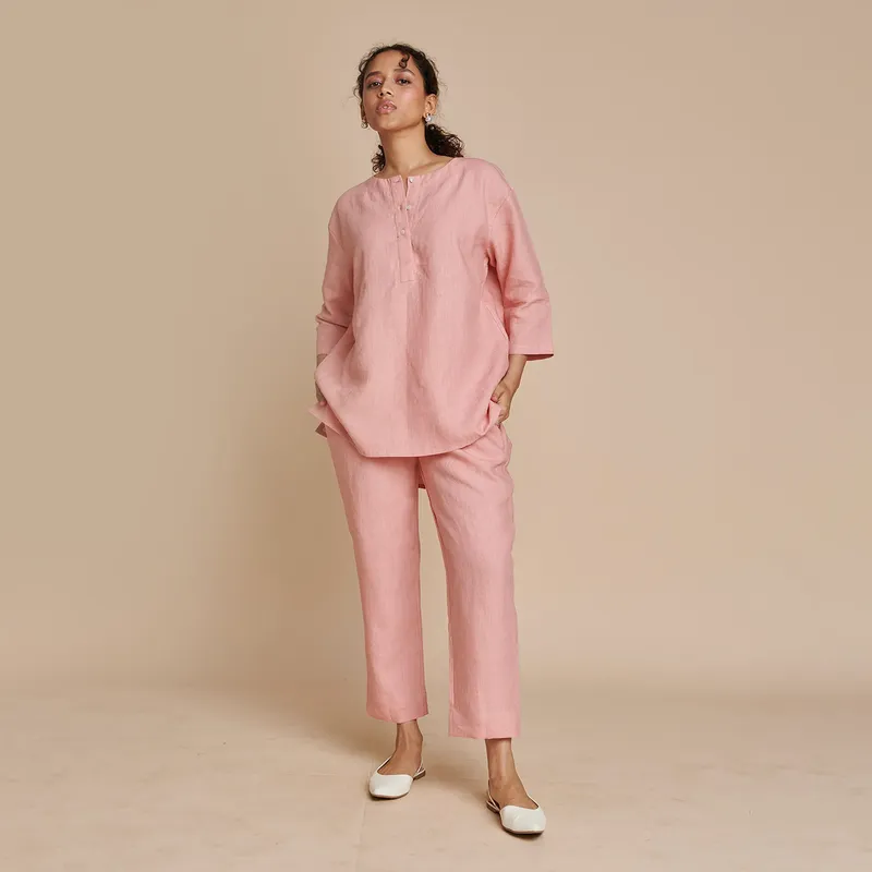 Linen Short Kurta Set for Women | Pink