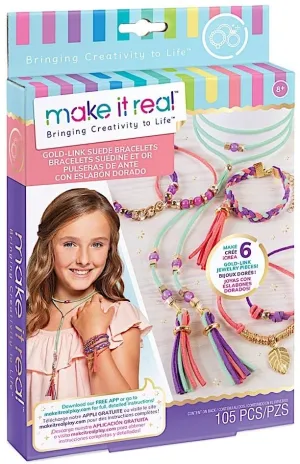 Make It Real - Gold Link Suede Bracelets. DIY Suede Bracelet and Choker Making Kit - Arts and Crafts Kit to Design and Create Tween Jewelry