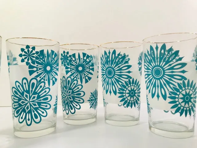 Mid-Century Atomic Turquoise Flower and Frosted White 7-Piece Cocktail Set