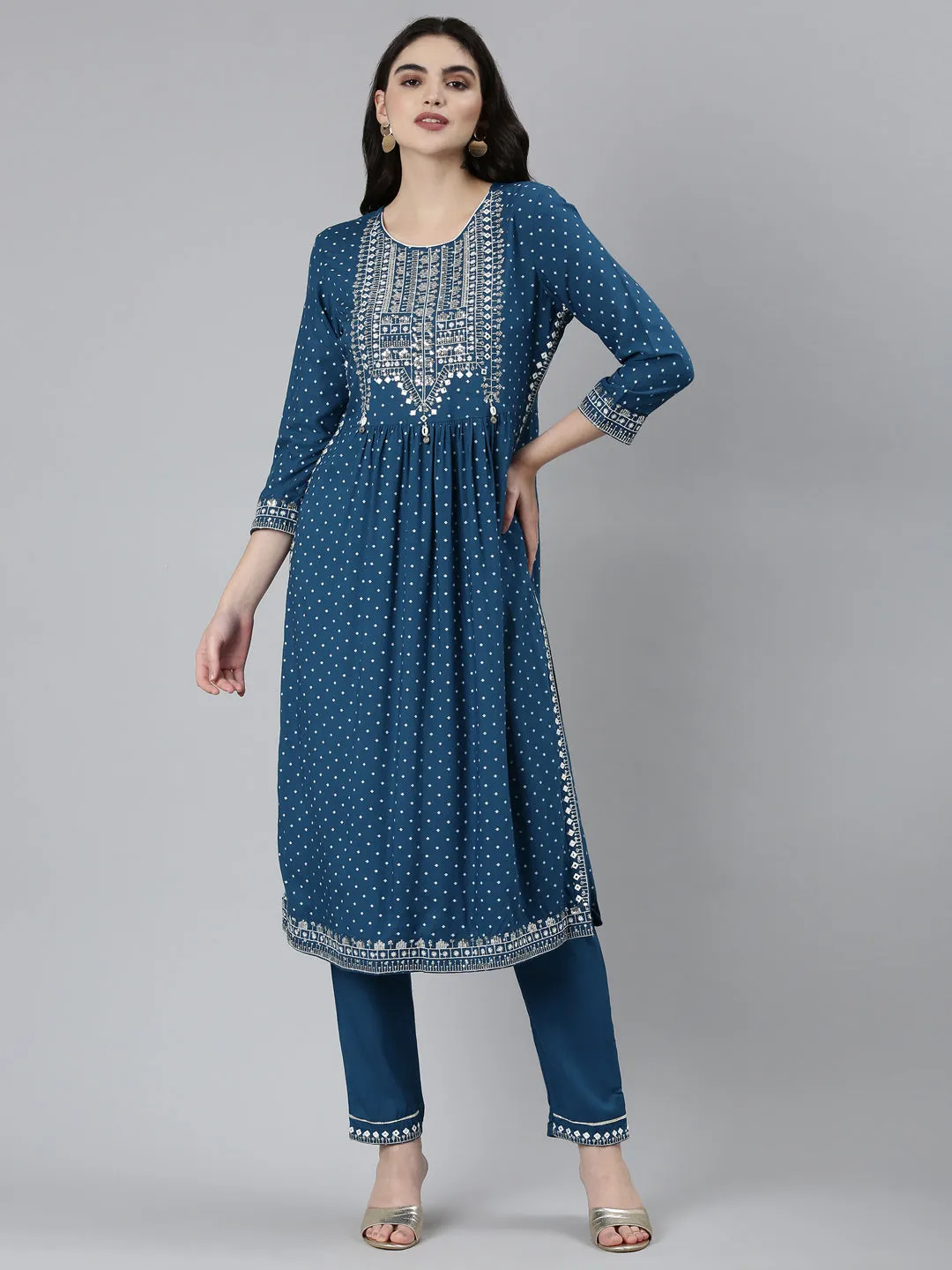 Neeru's Blue Regular Straight Floral Kurta Sets And Trousers