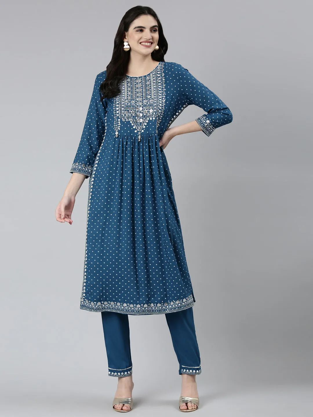 Neeru's Blue Regular Straight Floral Kurta Sets And Trousers