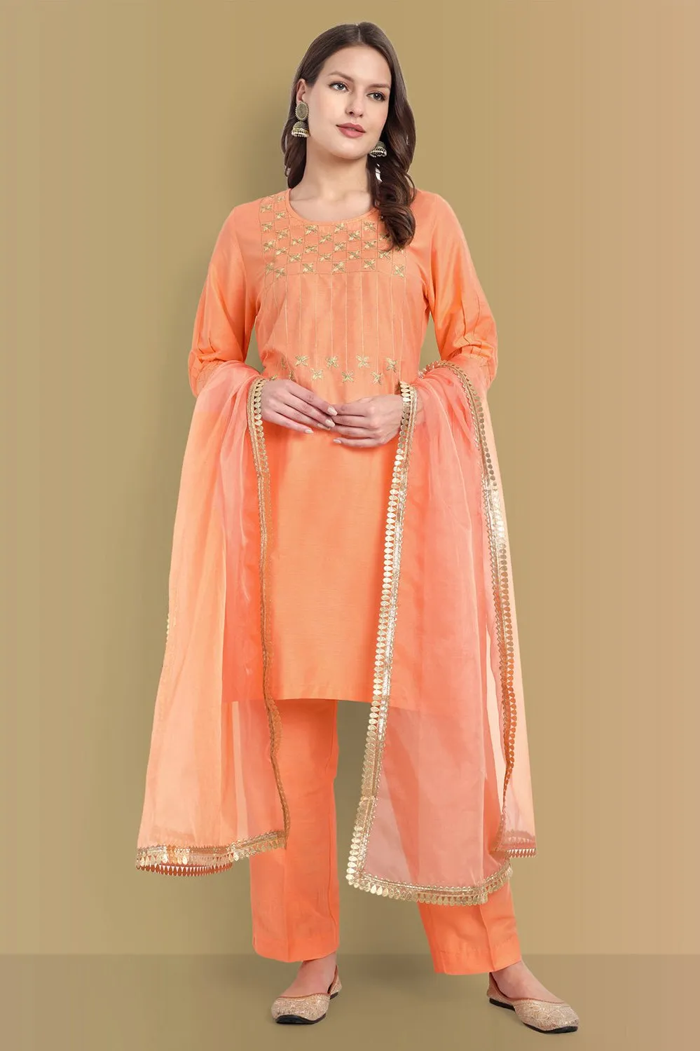 Peach Or Gray Embriodery Kurta and Straight Pant - Set of 2