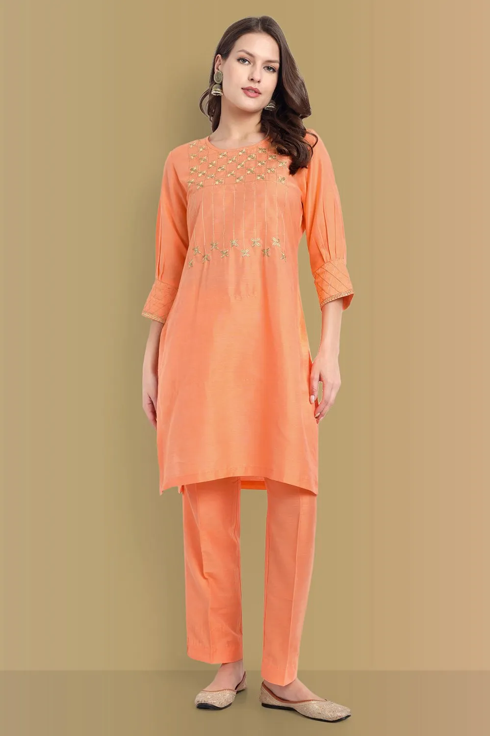 Peach Or Gray Embriodery Kurta and Straight Pant - Set of 2